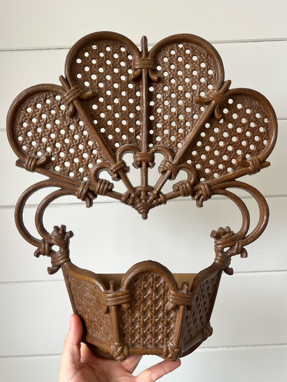 vintage brown faux wicker fan wall pocket planter, molded plastic